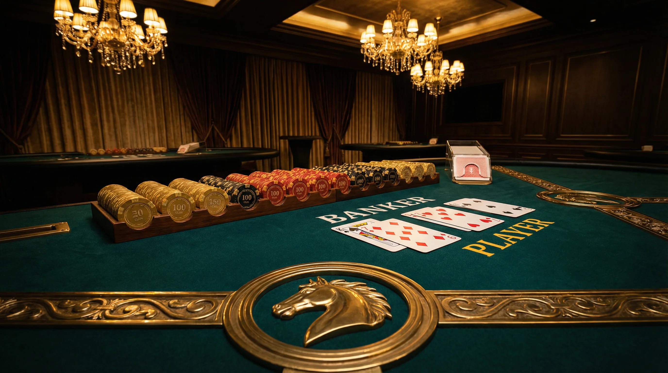 Mesa de bacará sofisticada com cartas distribuídas no leonbet
