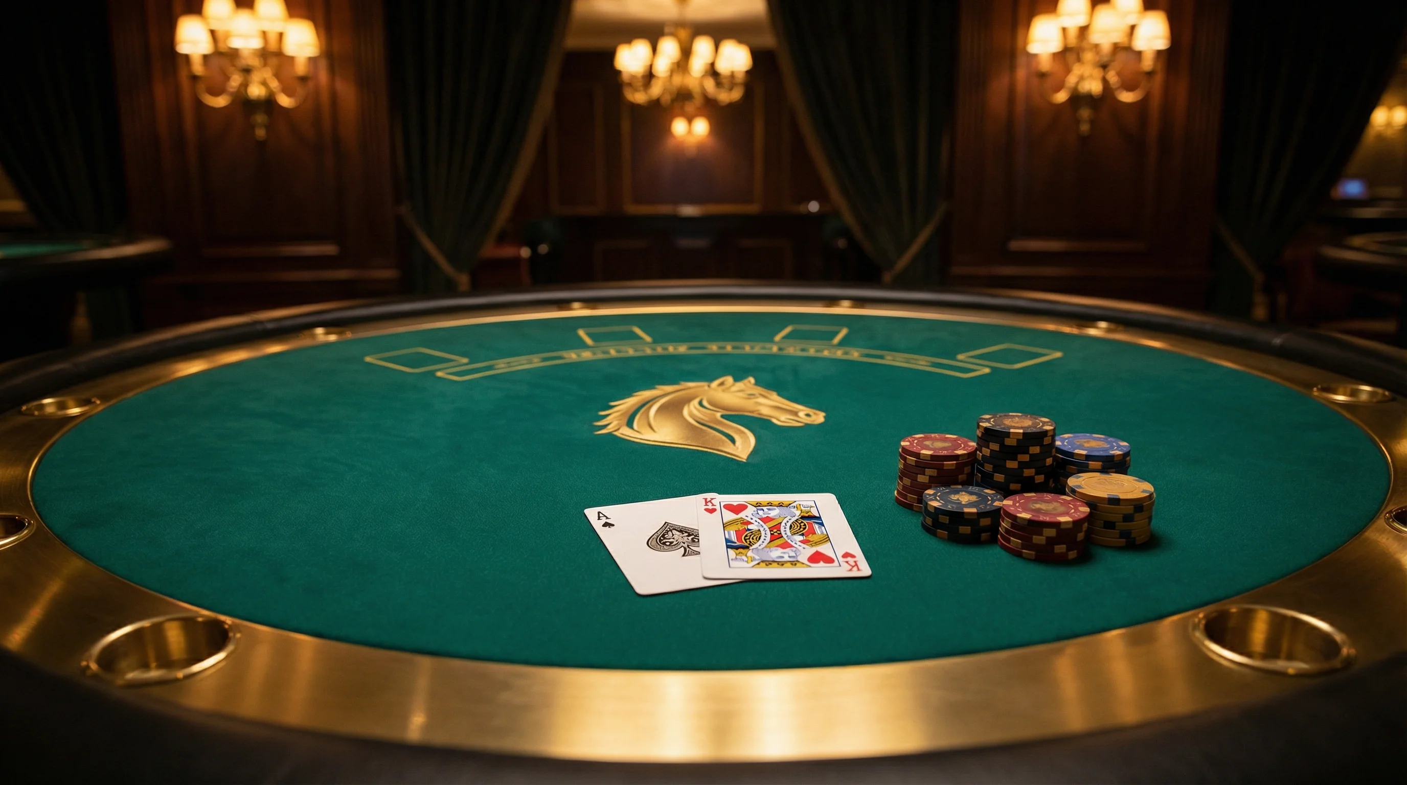 Mesa de blackjack elegante com cartas e fichas no leonbet